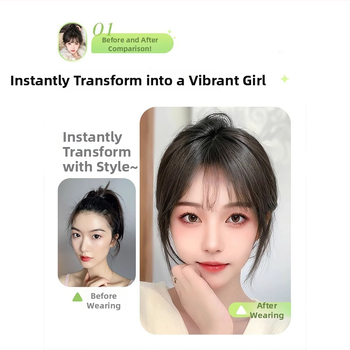 Perukas su oro kirpčiukais viršugalvyje | natūralus tūrisas ir veido kontūravimas veido | Modelis: T-net air bangs; Plaukų medžiaga: aukštos temperatūros pluoštas; Kirpčių tipas: tiesus arba įstrižas; Nerekomenduojama dažyti karštomis priemonėmis