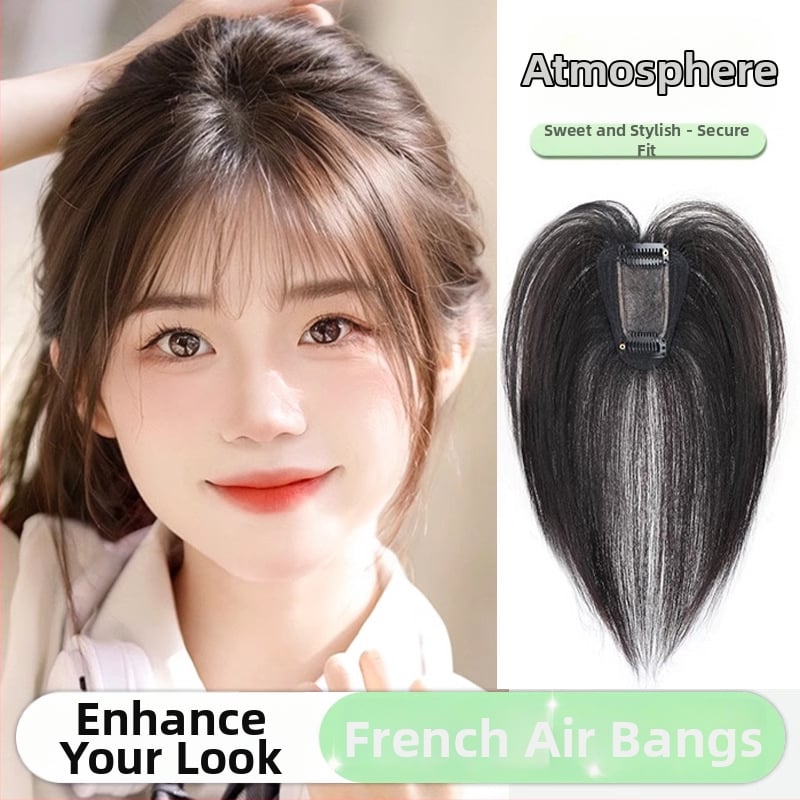 Perukas su oro kirpčiukais viršugalvyje | natūralus tūrisas ir veido kontūravimas veido | Modelis: T-net air bangs; Plaukų medžiaga: aukštos temperatūros pluoštas; Kirpčių tipas: tiesus arba įstrižas; Nerekomenduojama dažyti karštomis priemonėmis