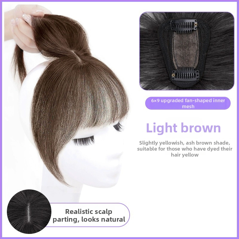 Perukas su oro kirpčiukais viršugalvyje | natūralus tūrisas ir veido kontūravimas veido | Modelis: T-net air bangs; Plaukų medžiaga: aukštos temperatūros pluoštas; Kirpčių tipas: tiesus arba įstrižas; Nerekomenduojama dažyti karštomis priemonėmis