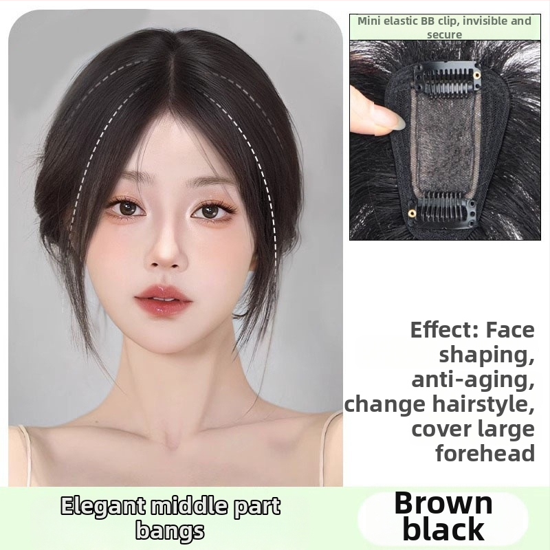 Perukas su oro kirpčiukais viršugalvyje | natūralus tūrisas ir veido kontūravimas veido | Modelis: T-net air bangs; Plaukų medžiaga: aukštos temperatūros pluoštas; Kirpčių tipas: tiesus arba įstrižas; Nerekomenduojama dažyti karštomis priemonėmis