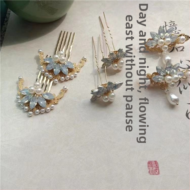 Clip de păr Hanfu inspirat cu flori și perle, în formă U, aliaj, făcut manual, cristal