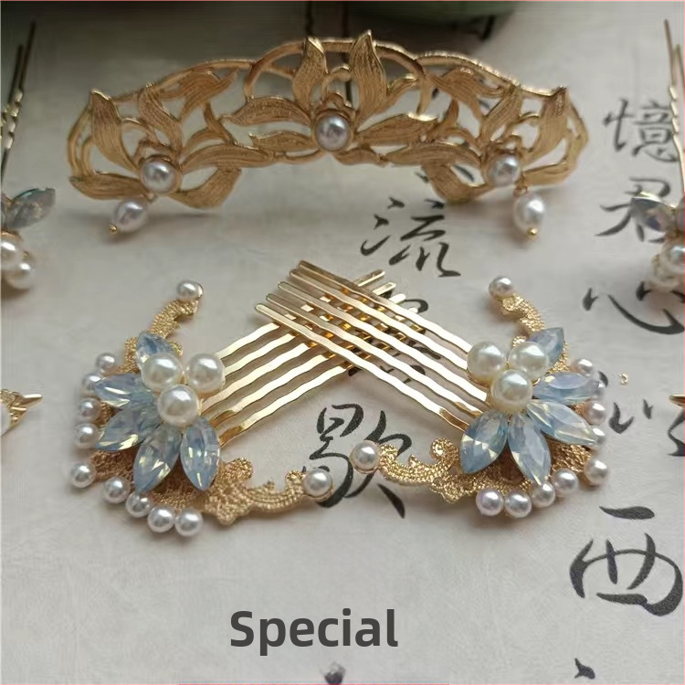 Clip de păr Hanfu inspirat cu flori și perle, în formă U, aliaj, făcut manual, cristal