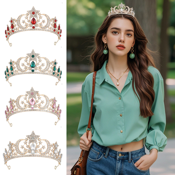 Accesoriu pentru păr în formă de coroană pentru femei, aliaj 18K placat electroplată, cristal, stil simplu