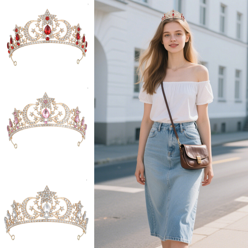 Accesoriu pentru păr în formă de coroană pentru femei, aliaj 18K placat electroplată, cristal, stil simplu