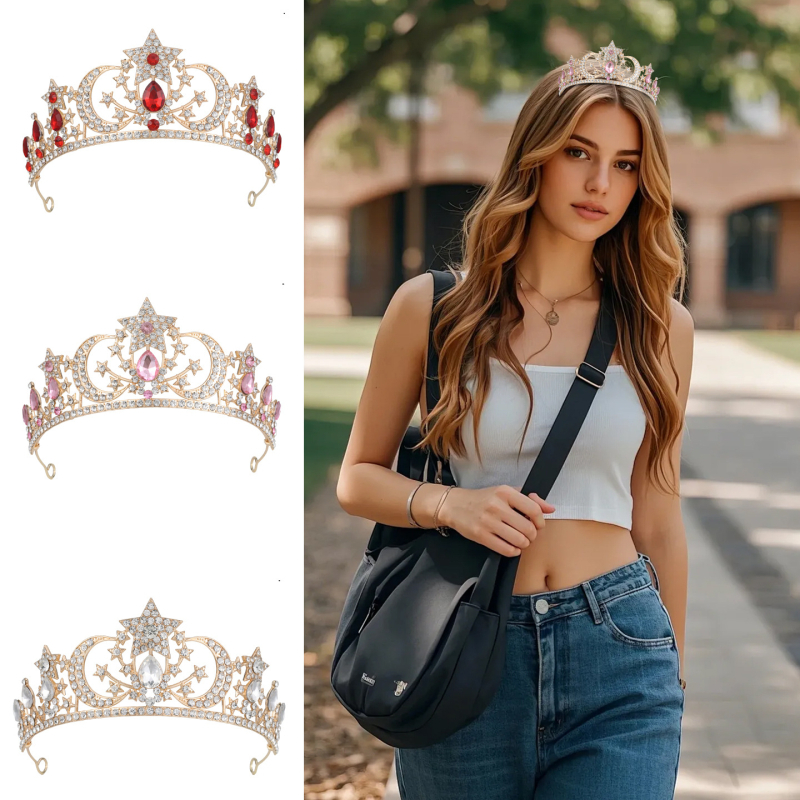 Accesoriu pentru păr în formă de coroană pentru femei, aliaj 18K placat electroplată, cristal, stil simplu