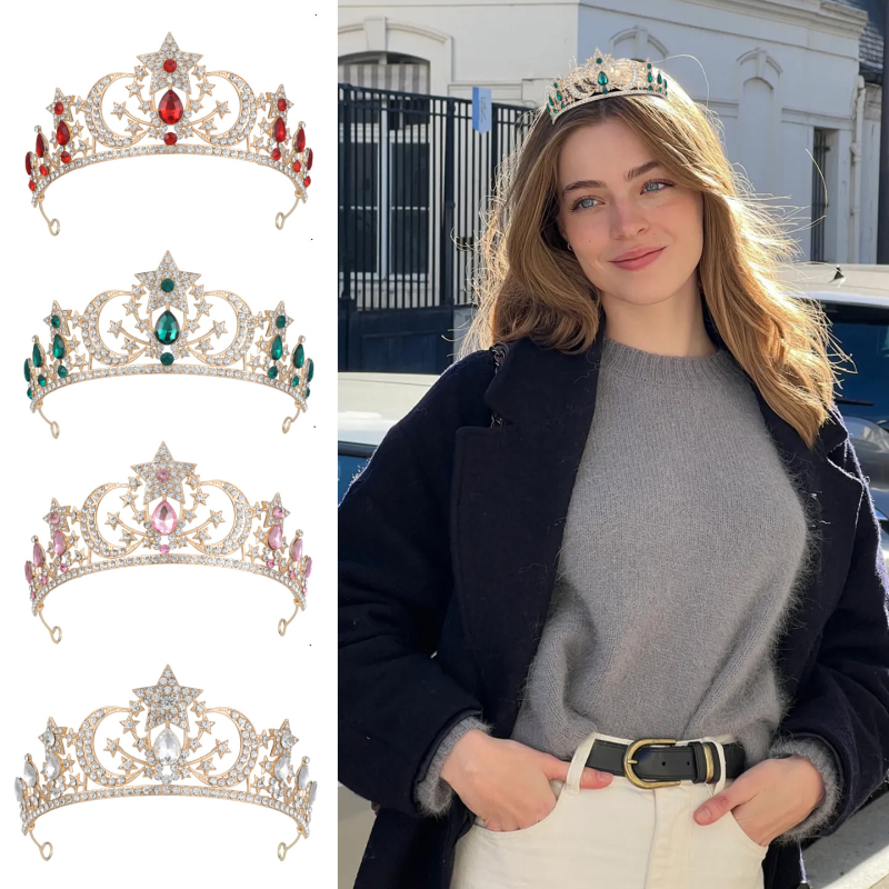 Accesoriu pentru păr în formă de coroană pentru femei, aliaj 18K placat electroplată, cristal, stil simplu
