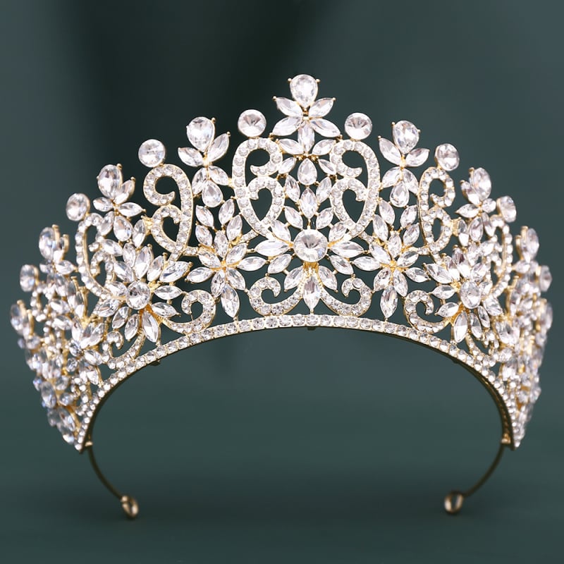 Tiara de mireasă barocă, coroană cu cristale, finisaj diamantat