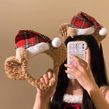 Bandă pentru cap din pluș Duffy Bear, model carouri, lucrată manual, materiale mixte, Shi Wanli, origine Yiwu, design original