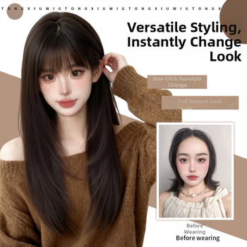 Parukė moterims, modelis B11 ilgai tiesus, aukštos temperatūros pluoštas, mechaninė konstrukcija