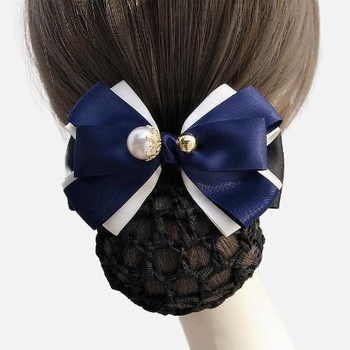 Дамски сатенен аксесоар за коса с панделка и перлени акценти – за хотелски персонал, по заявка