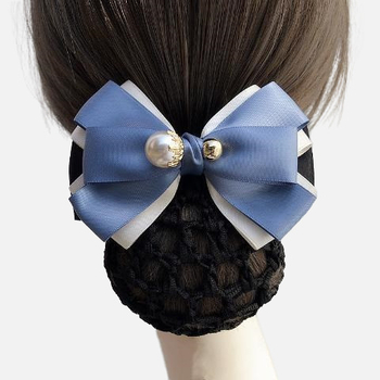 Дамски сатенен аксесоар за коса с панделка и перлени акценти – за хотелски персонал, по заявка