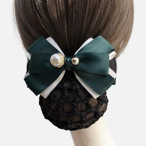 Дамски сатенен аксесоар за коса с панделка и перлени акценти – за хотелски персонал, по заявка