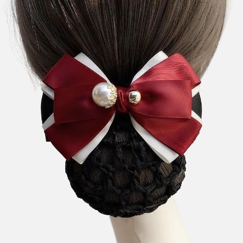 Дамски сатенен аксесоар за коса с панделка и перлени акценти – за хотелски персонал, по заявка