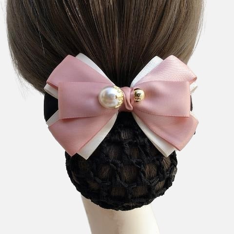 Дамски сатенен аксесоар за коса с панделка и перлени акценти – за хотелски персонал, по заявка