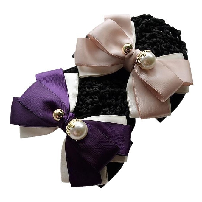 Дамски сатенен аксесоар за коса с панделка и перлени акценти – за хотелски персонал, по заявка