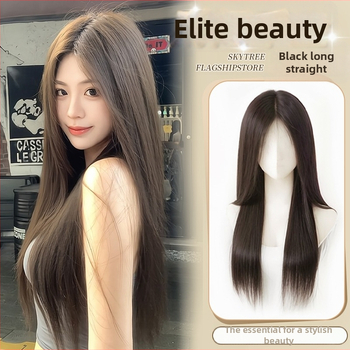 Centru dalijimosi plaukų parūka su tiesiais plaukais ir kirpčiukais, realistiškas galvos odos vaizdas, atsparus aukštai temperatūrai pluoštas, mechaninis gamybos procesas