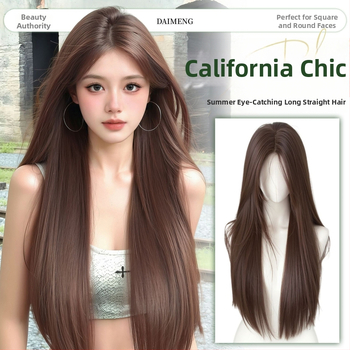 Centru dalijimosi plaukų parūka su tiesiais plaukais ir kirpčiukais, realistiškas galvos odos vaizdas, atsparus aukštai temperatūrai pluoštas, mechaninis gamybos procesas