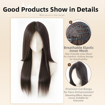 Centru dalijimosi plaukų parūka su tiesiais plaukais ir kirpčiukais, realistiškas galvos odos vaizdas, atsparus aukštai temperatūrai pluoštas, mechaninis gamybos procesas