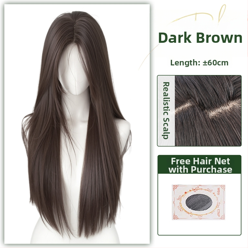 Centru dalijimosi plaukų parūka su tiesiais plaukais ir kirpčiukais, realistiškas galvos odos vaizdas, atsparus aukštai temperatūrai pluoštas, mechaninis gamybos procesas