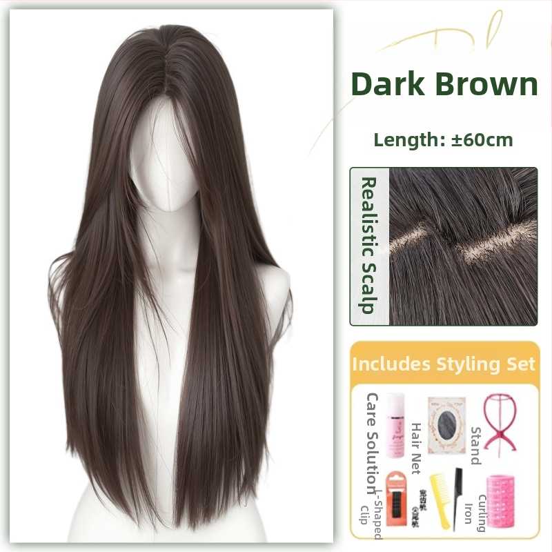 Centru dalijimosi plaukų parūka su tiesiais plaukais ir kirpčiukais, realistiškas galvos odos vaizdas, atsparus aukštai temperatūrai pluoštas, mechaninis gamybos procesas