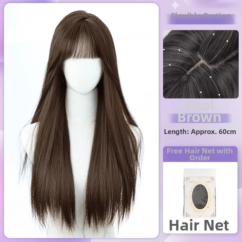 Centru dalijimosi plaukų parūka su tiesiais plaukais ir kirpčiukais, realistiškas galvos odos vaizdas, atsparus aukštai temperatūrai pluoštas, mechaninis gamybos procesas