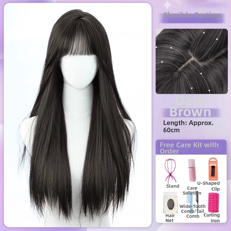 Centru dalijimosi plaukų parūka su tiesiais plaukais ir kirpčiukais, realistiškas galvos odos vaizdas, atsparus aukštai temperatūrai pluoštas, mechaninis gamybos procesas