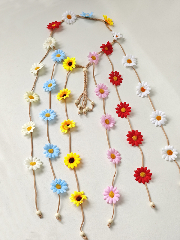 Boho traka za kosu s margaretkama i suncokretima, ručno izrađena, miješani materijali, platneni omotač na koncu, individualno pakirana, Zima 2023