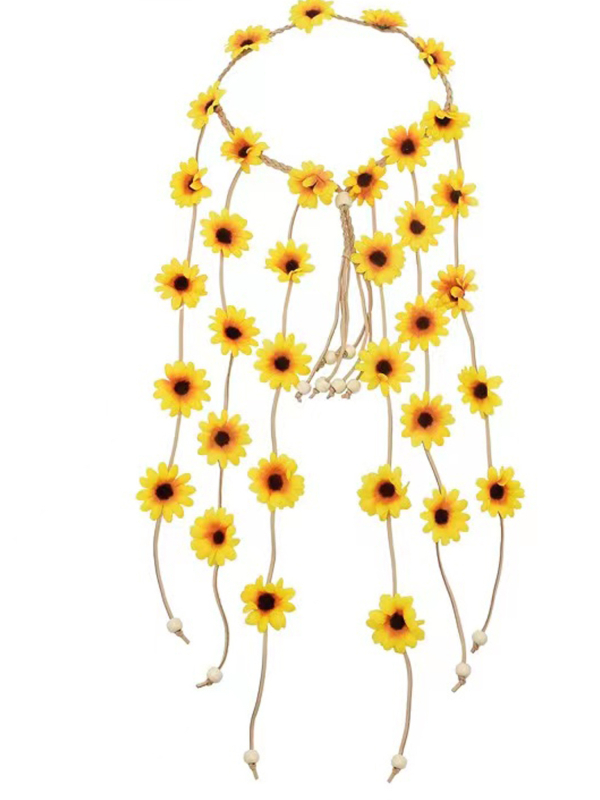 Boho traka za kosu s margaretkama i suncokretima, ručno izrađena, miješani materijali, platneni omotač na koncu, individualno pakirana, Zima 2023