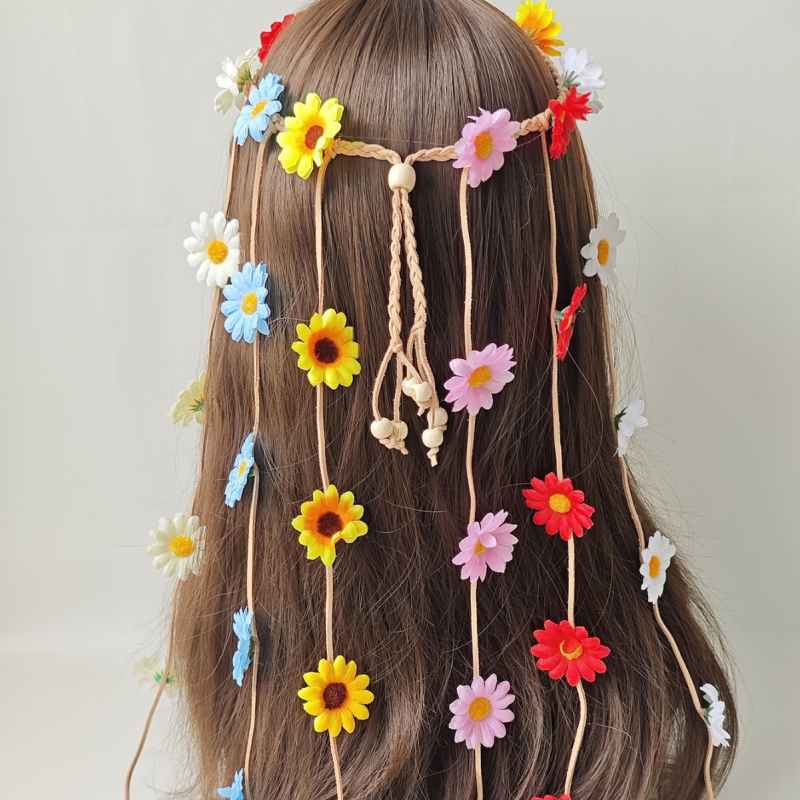 Boho traka za kosu s margaretkama i suncokretima, ručno izrađena, miješani materijali, platneni omotač na koncu, individualno pakirana, Zima 2023