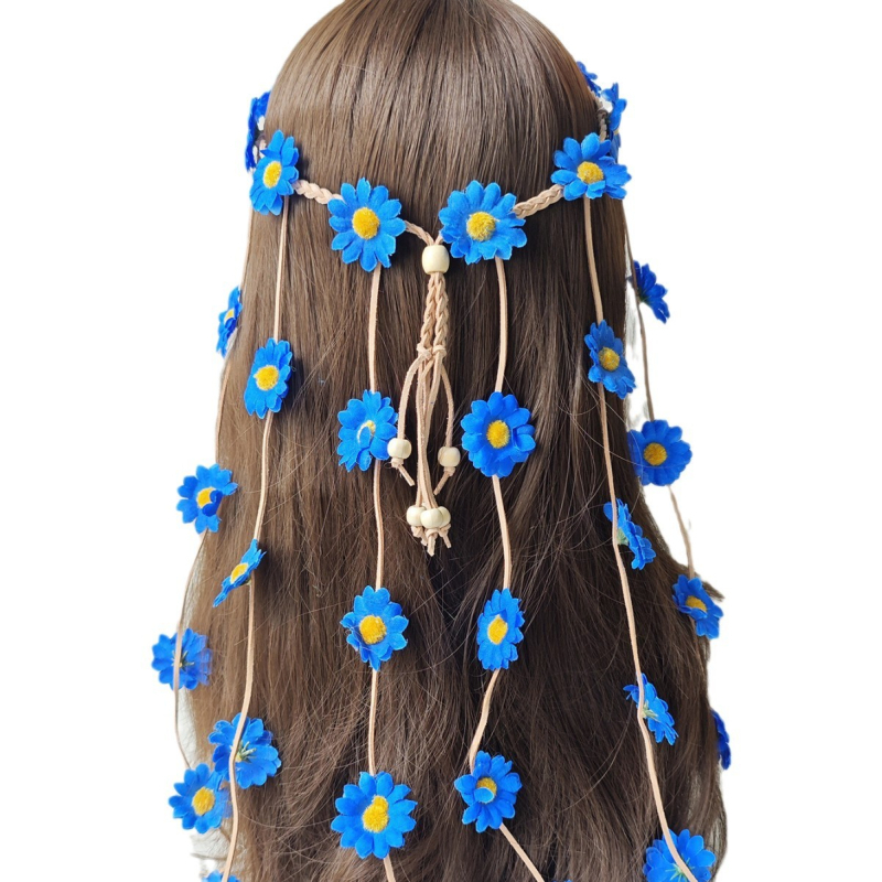 Boho traka za kosu s margaretkama i suncokretima, ručno izrađena, miješani materijali, platneni omotač na koncu, individualno pakirana, Zima 2023