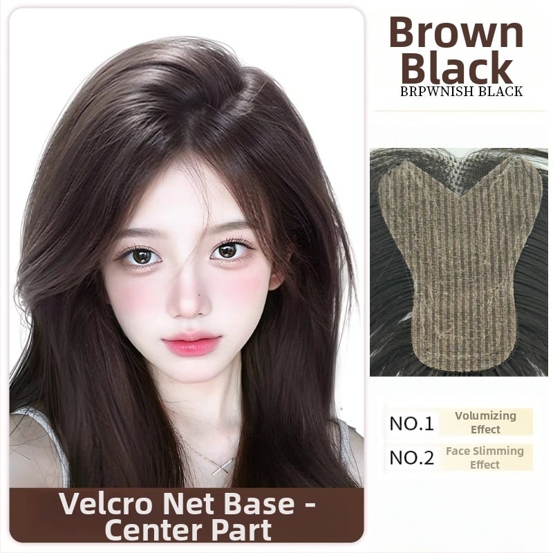 Moteriška plaukų papildymo parukė kronos apimčiai, kaktos juosta, pusiau rankų mezgimo, atspari karščiui sintetinė parūka su kirpčiukais (modelis P618)