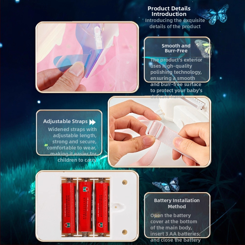 LED drugelių sparnai vaikams su judančiais elfų sparnais, dinamiški šviesos ir garso efektai, plastikinis žaislas 4-6 metų