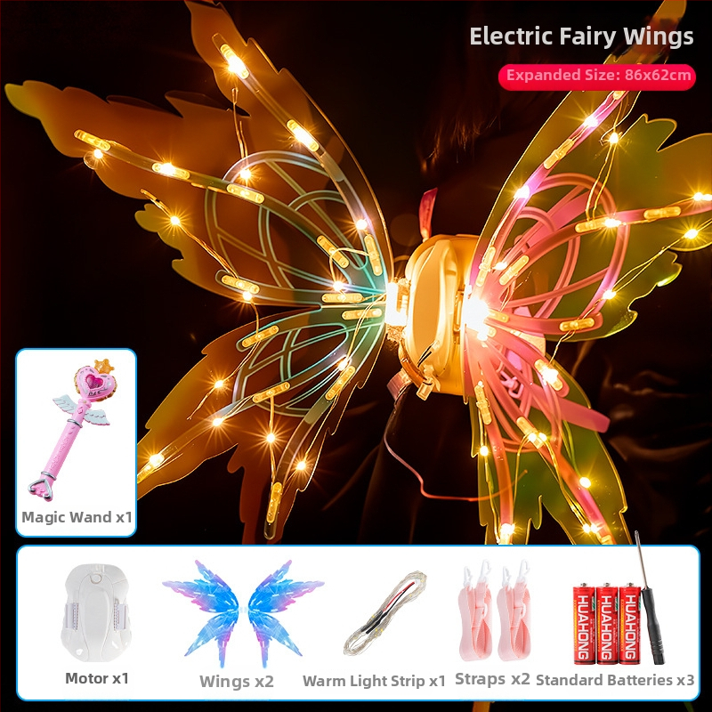 LED drugelių sparnai vaikams su judančiais elfų sparnais, dinamiški šviesos ir garso efektai, plastikinis žaislas 4-6 metų