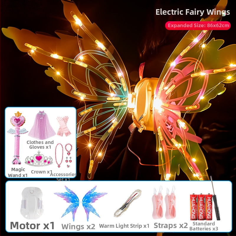 LED drugelių sparnai vaikams su judančiais elfų sparnais, dinamiški šviesos ir garso efektai, plastikinis žaislas 4-6 metų