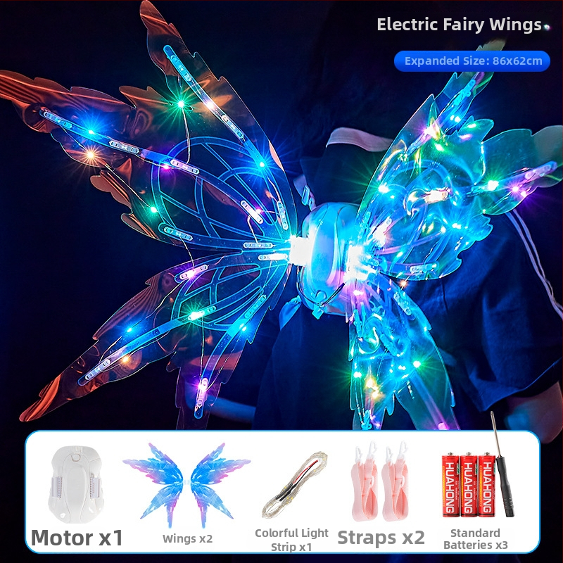 LED drugelių sparnai vaikams su judančiais elfų sparnais, dinamiški šviesos ir garso efektai, plastikinis žaislas 4-6 metų