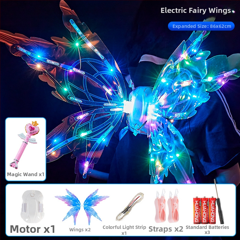 LED drugelių sparnai vaikams su judančiais elfų sparnais, dinamiški šviesos ir garso efektai, plastikinis žaislas 4-6 metų