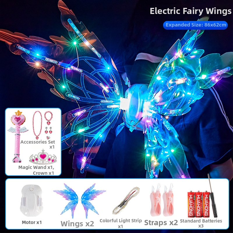 LED drugelių sparnai vaikams su judančiais elfų sparnais, dinamiški šviesos ir garso efektai, plastikinis žaislas 4-6 metų