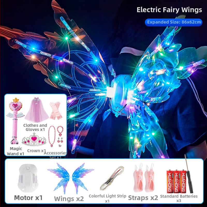 LED drugelių sparnai vaikams su judančiais elfų sparnais, dinamiški šviesos ir garso efektai, plastikinis žaislas 4-6 metų