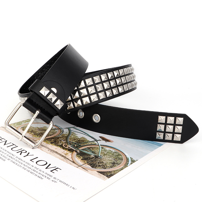 Curea – Punk cu nituri pătrate, din PU piele, cataramă din aliaj cu piune, lățime mare (>4 cm), stil minimalist de afaceri