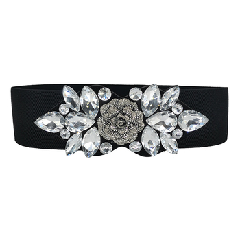 Pojas s rhinestone ružom, elastičan, široki struk za haljine i kapute — PU koža; automatska kopča od legure; širina >4 cm; marka Lilar.Ketch