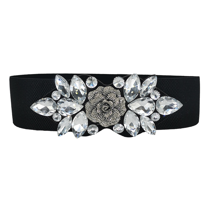 Pojas s rhinestone ružom, elastičan, široki struk za haljine i kapute — PU koža; automatska kopča od legure; širina >4 cm; marka Lilar.Ketch