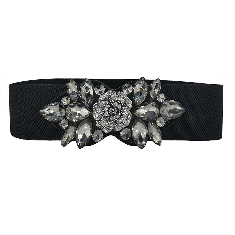 Pojas s rhinestone ružom, elastičan, široki struk za haljine i kapute — PU koža; automatska kopča od legure; širina >4 cm; marka Lilar.Ketch