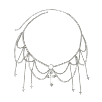 Derék- és testlánc – ötvözet, 100 cm hosszú, több körös övcsat, gotikus kereszt bojtokkal