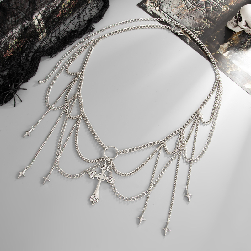 Derék- és testlánc – ötvözet, 100 cm hosszú, több körös övcsat, gotikus kereszt bojtokkal