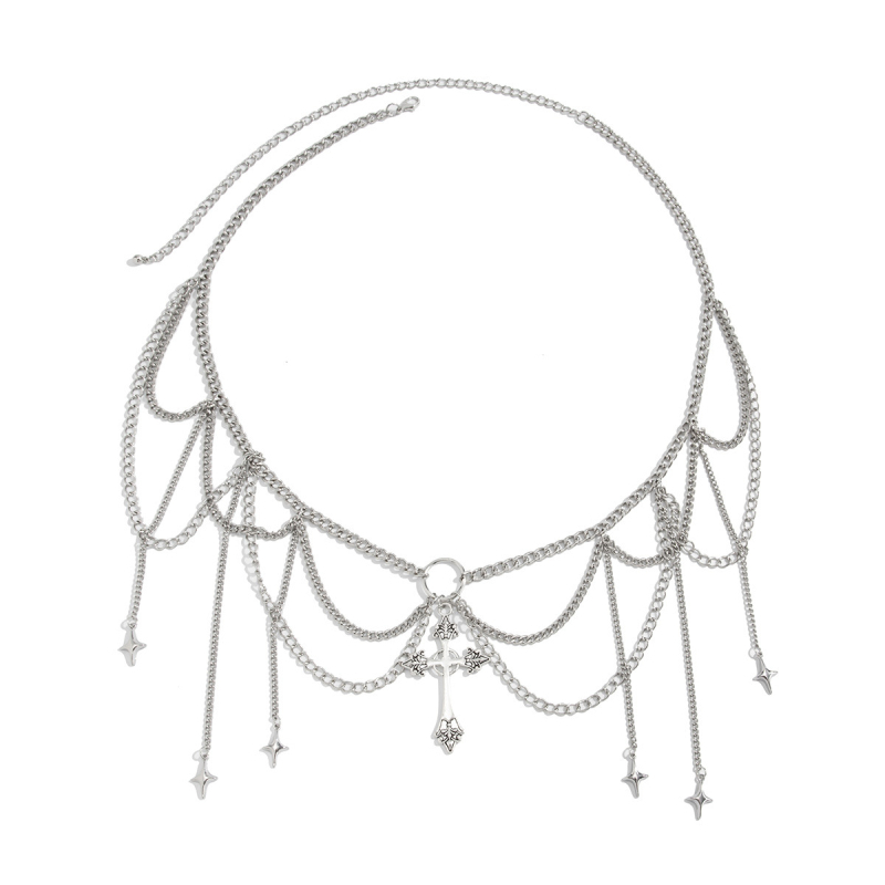 Derék- és testlánc – ötvözet, 100 cm hosszú, több körös övcsat, gotikus kereszt bojtokkal