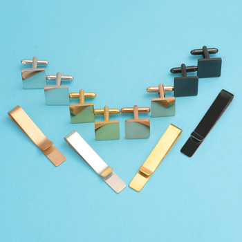 Vīriešu komplekts kaklasaite klipsi un manšetes pogas no titāna tērauda — vienkrāsains ģeometrisks dizains, plakana galva, elektroplakēts pārklājums