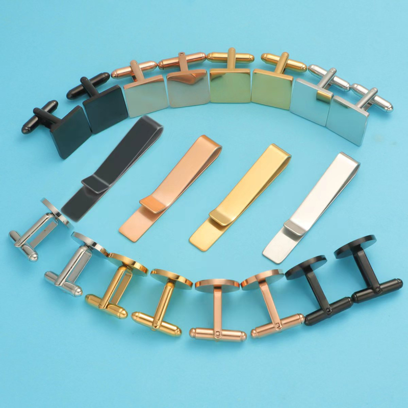 Vīriešu komplekts kaklasaite klipsi un manšetes pogas no titāna tērauda — vienkrāsains ģeometrisks dizains, plakana galva, elektroplakēts pārklājums