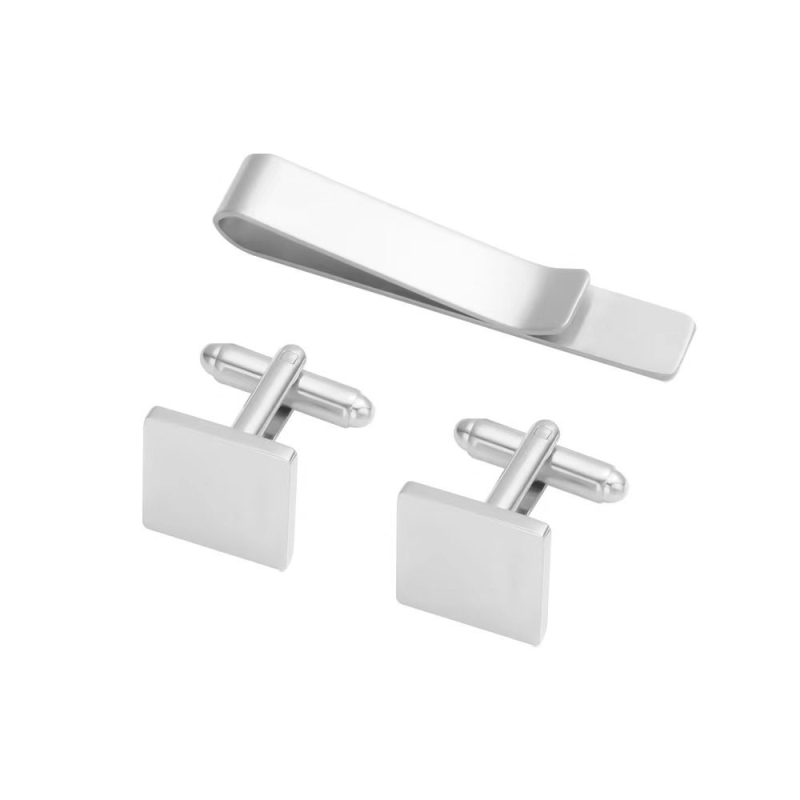 Vīriešu komplekts kaklasaite klipsi un manšetes pogas no titāna tērauda — vienkrāsains ģeometrisks dizains, plakana galva, elektroplakēts pārklājums