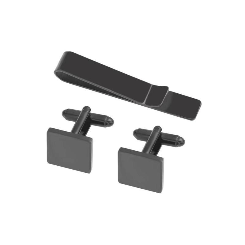 Vīriešu komplekts kaklasaite klipsi un manšetes pogas no titāna tērauda — vienkrāsains ģeometrisks dizains, plakana galva, elektroplakēts pārklājums