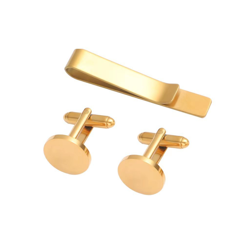 Vīriešu komplekts kaklasaite klipsi un manšetes pogas no titāna tērauda — vienkrāsains ģeometrisks dizains, plakana galva, elektroplakēts pārklājums